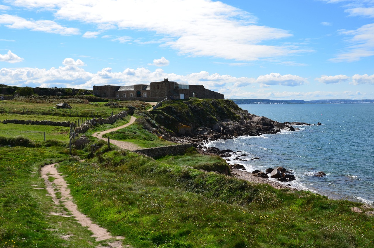france, cotentin, fermanville, nature, sea, ocean, cliff, mountains, water, town, spring, summer, green color